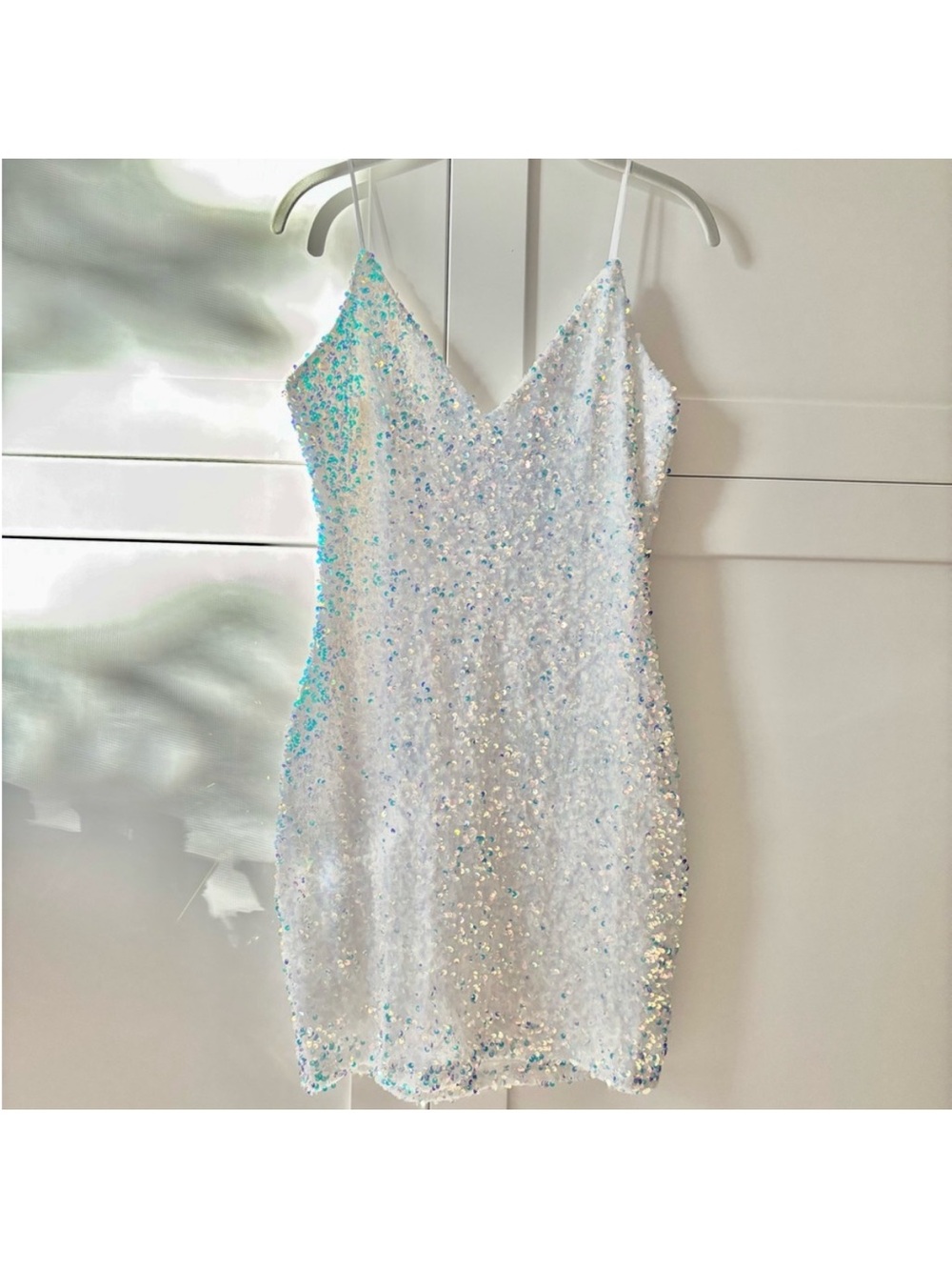 Sequin Spaghetti Strap Mini Dress in Iridescent White
